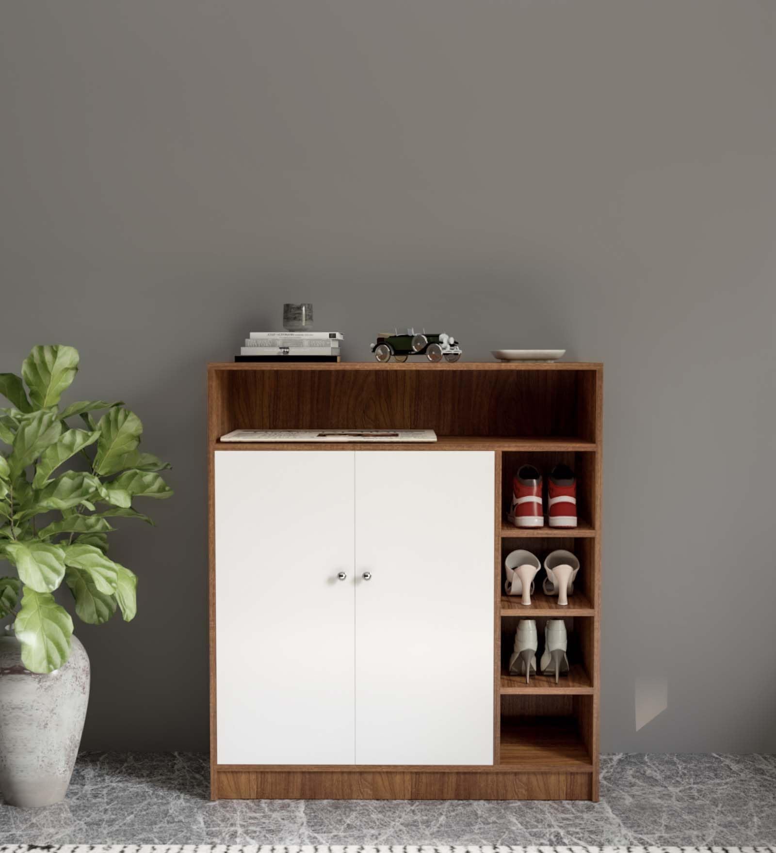 Amazon Brand - Solimo Brogan 2 Door Engineered Wood Shoerack | Footwear Organizer |7 Shelves | Open shelves | Wooden Shoe Rack For Home (Finish Color - Leon Teak, Knock Down) (2 Door, Frosty White)