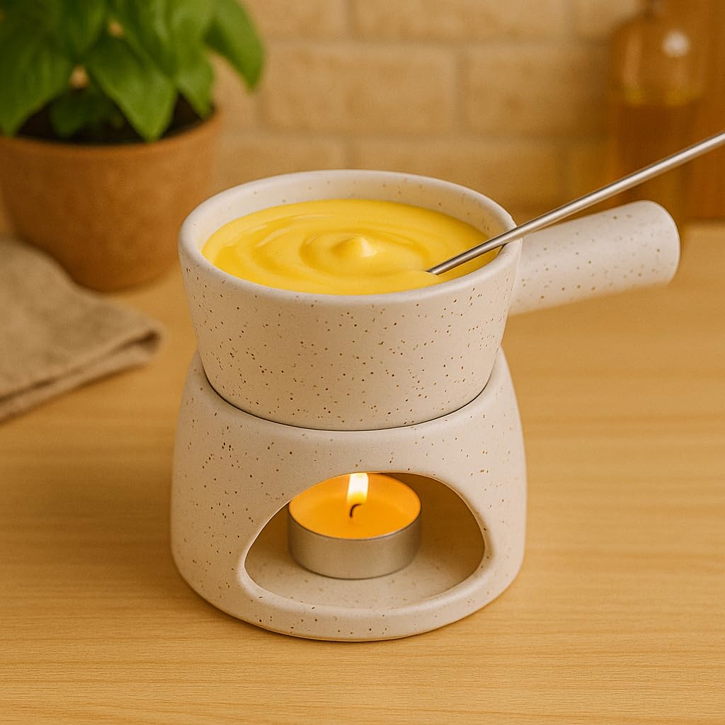 Ceramic Fondue Set (1 Piece of Fondue Set, 2 Tea Light Candle), White Matt-image-21