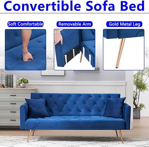 Miniatura 4 de Sofá cama plegable convertible de 71 pulgadas, moderno sofá biplaza de terciopelo con 2 almohadas, sofá cama futón con colchón y marco para sala de