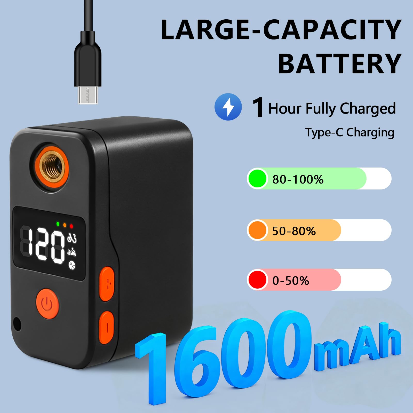 elzle Mini Pompa Elettrica per Bicicletta,120 PSI Portatile Piccola Pompa Per Bicicletta 181g,Display Digitale a LED Pompa per Biciclette con Valvole Presta e Schrader per Biciclette, E-bike, Moto