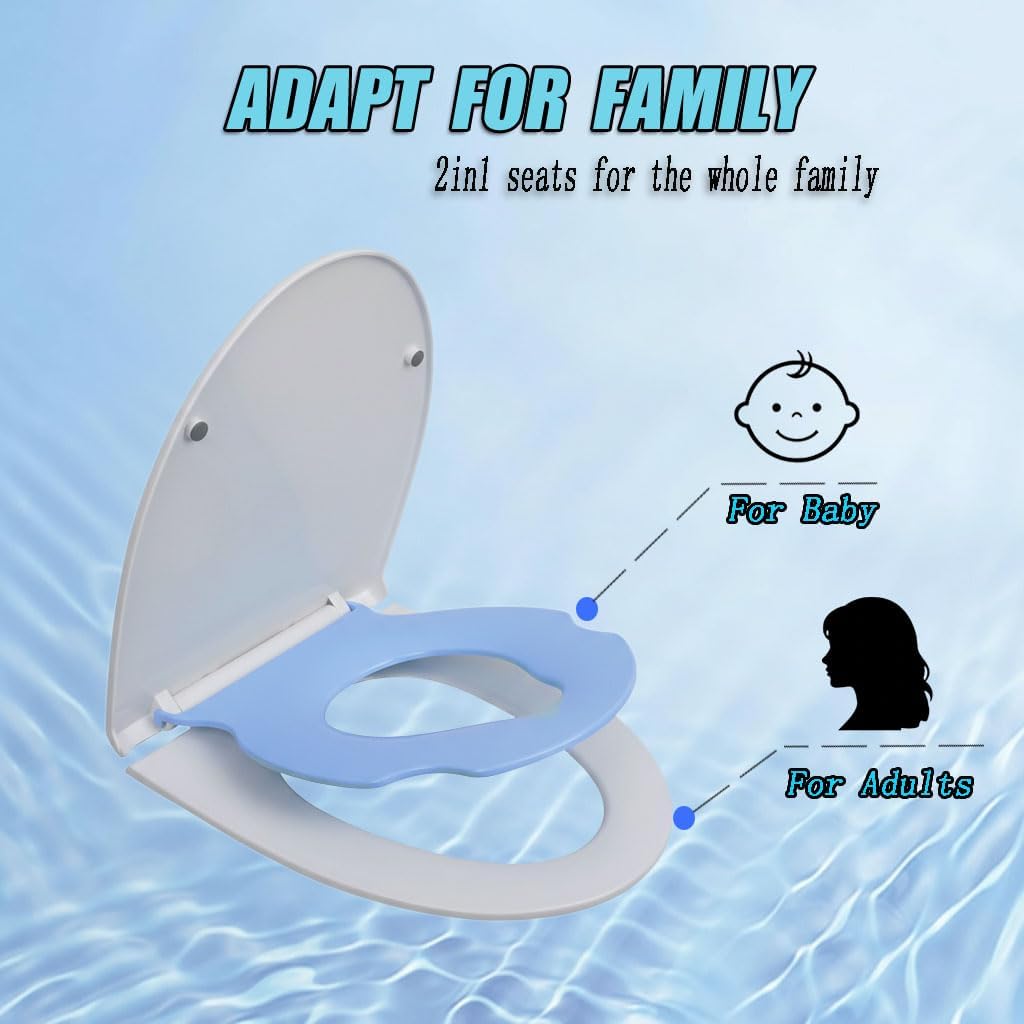 MinSha Elongated V/U Toilet Seat with Built-in Child Seat, 2-in-1 Family Potty Training Seat with Quiet Soft Close, Removable Toddler Seat, Durable PP Material, Easy to Clean & Install 17.7 in(Blue)