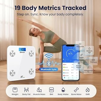 HomeFashion HFitness Large Smart Bathroom Scales for Body Weight, 28×28cm Bluetooth Body Fat Scale with 19 Body Composition Metrics, BMI, Muscle Mass & Bone Mass, iOS & Android App White