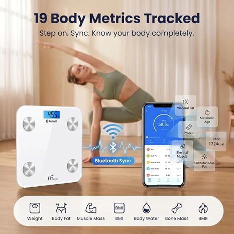 HomeFashion HFitness Large Smart Bathroom Scales for Body Weight, 28×28cm Bluetooth Body Fat Scale with 19 Body Composition Metrics, BMI, Muscle Mass & Bone Mass, iOS & Android App White