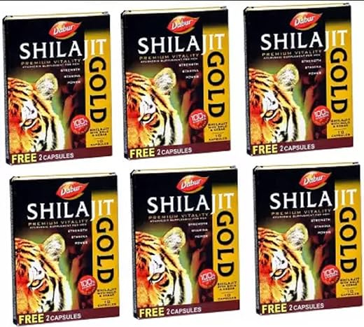 DABUR Shilajit Gold 10 Capsules with 2 capsules (72 Capsules), 12 Count (Pack of 6)