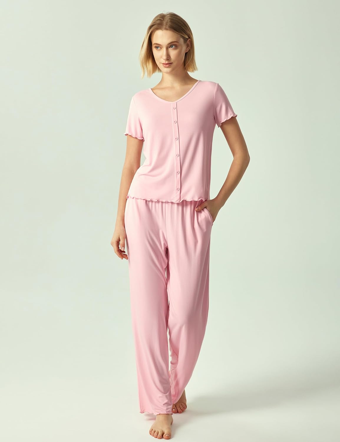 GYS Bamboo Viscose Pajamas for Women Short Sleeve Sleep Shirt and Wide Leg Pj Pants Sleepwear Set - Image 5