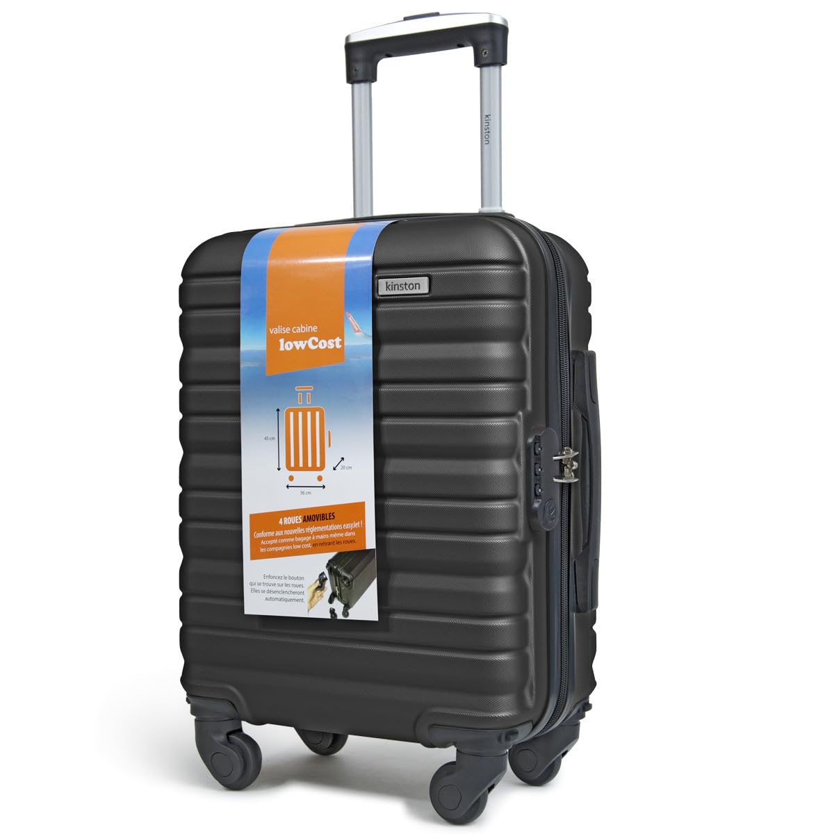 KINSTON Maleta de Cabina para EasyJet 4 Ruedas Desmontables Tamaño LowCost - Equipaje de Mano Ligero y Duradero, Ruedas Giratorias Extraíbles - Negro