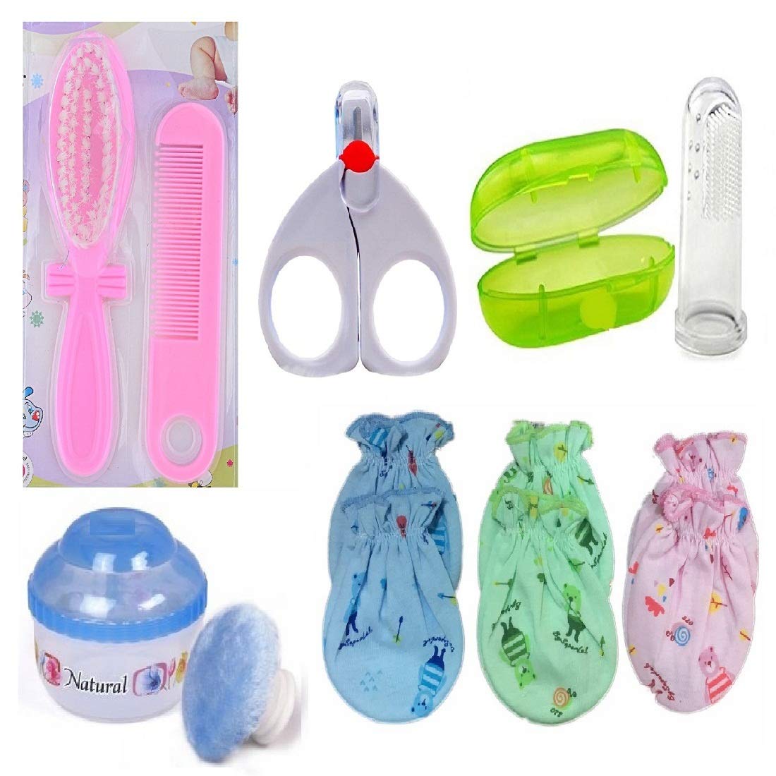 Baby Grooming Kit Set for Infant & Toddler Comb Brush, Nail Scissor, Finger Brush, Powder Puff, Mittens (Multi)-picture-22