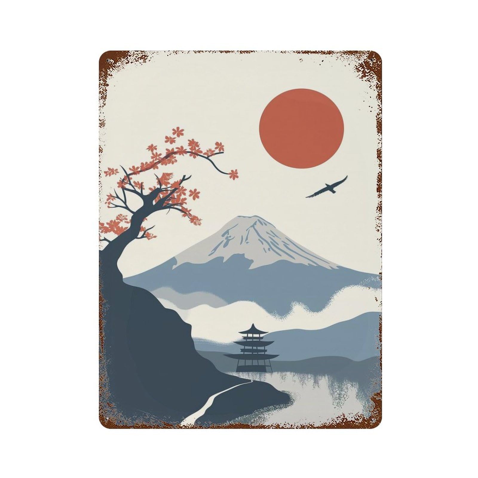 Distressed Metal Wall Sign Japanese Style Landscape 15.7"x11.8", Vintage Wall Decor for Garage, Bar And Workshop Decor