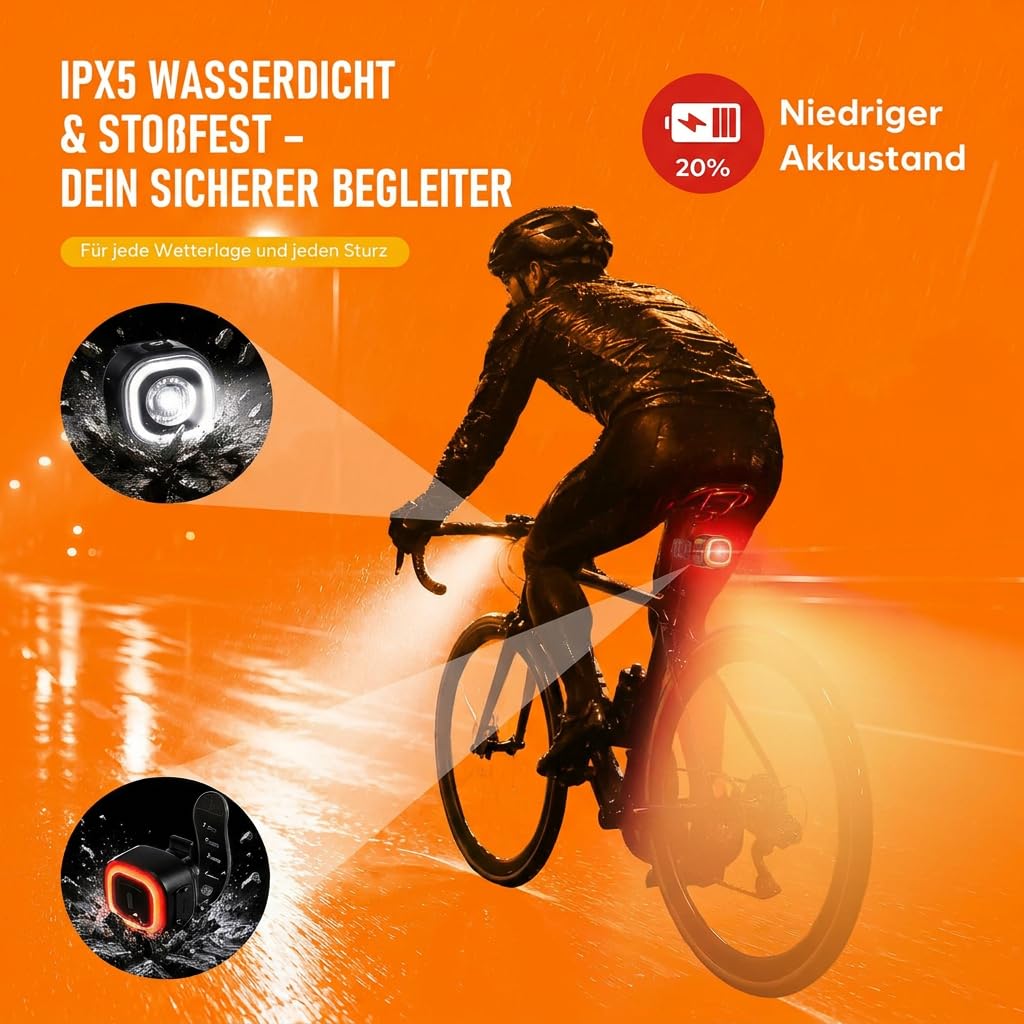 Kit d'éclairage LED pour vélo homologué StVZO - Rechargeable avec feu stop intelligent - Étanche IPX5 et résistant aux chocs - Kit de lampes de vélo USB-C pour vélo d'enfant, vélo électrique, VTT