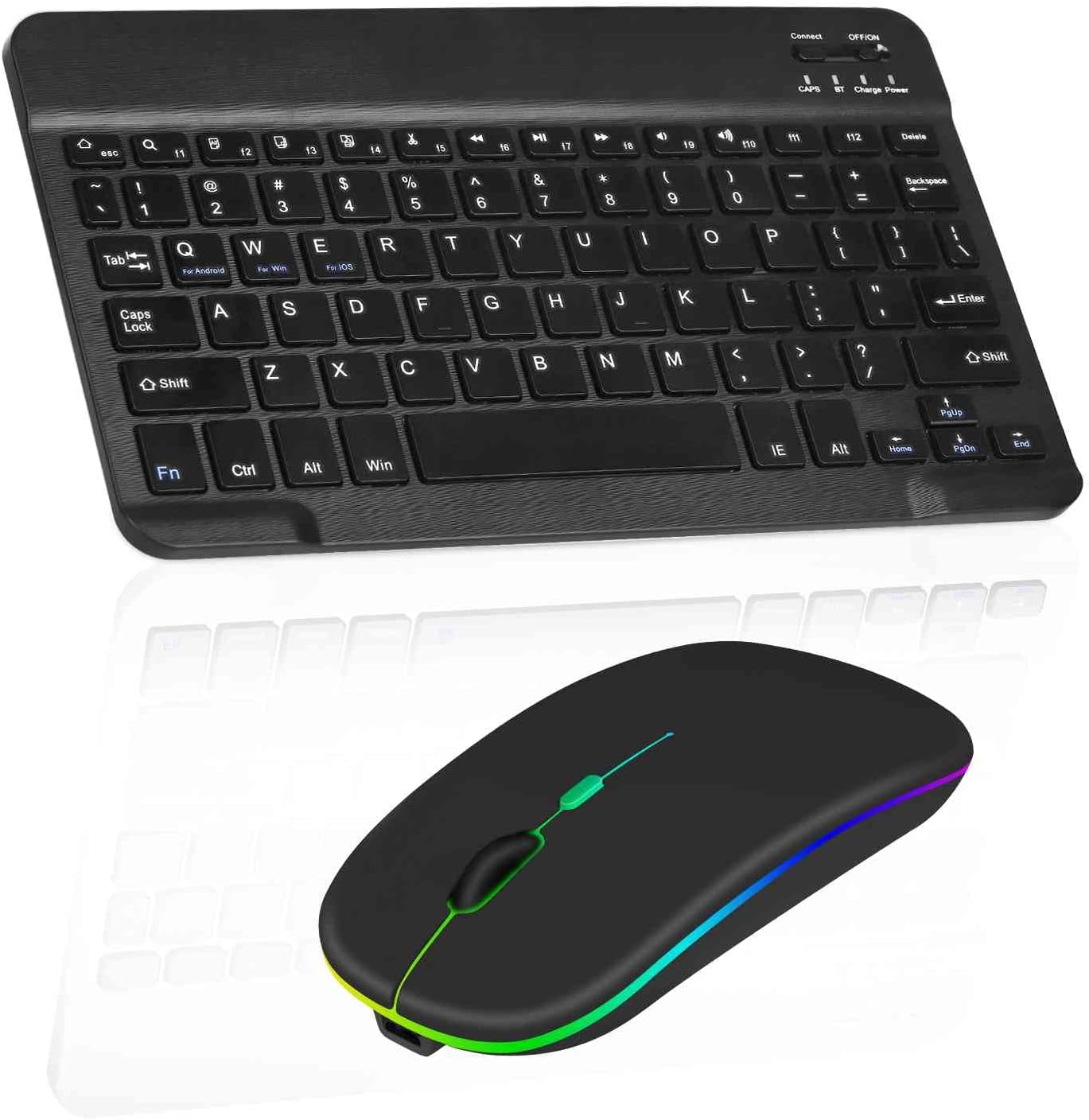 Rechargeable Bluetooth Keyboard and Mouse Combo Ultra Slim for Tecno Spark 7 Pro and All Bluetooth Enabled Android/PC-Black Keyboard with RGB LED Onyx Black Mouse