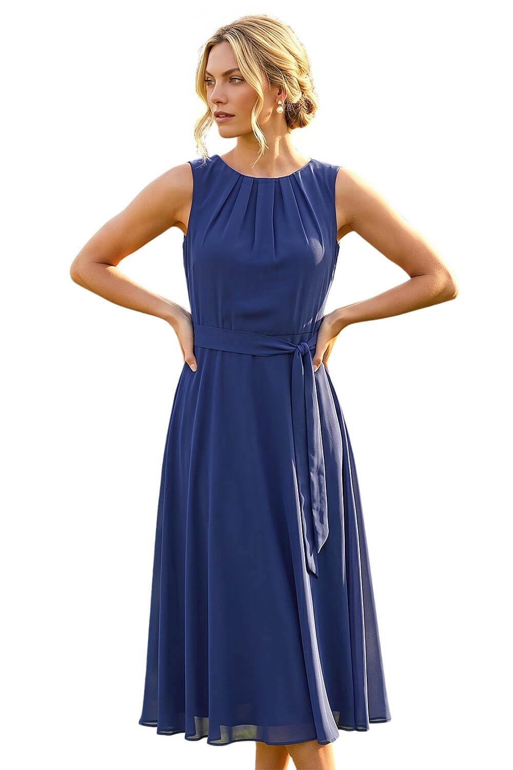 Roman Women's Navy Chiffon Pleated Neck Midi Dress In Size 18
