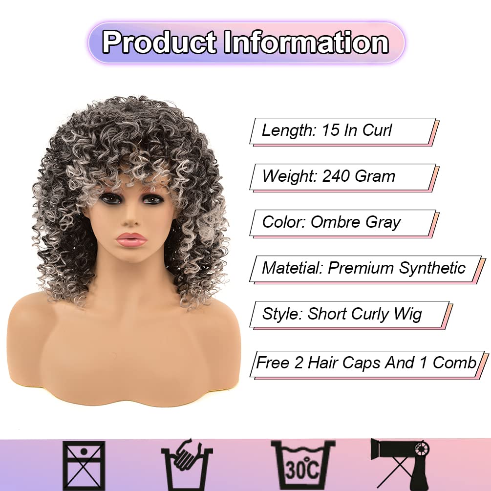 ISWEET Curly Wigs for Women, 14 Inches Soft Curly Afro Wigs With Bangs, Premium Synthetic Ombre Gray Curly Wigs, Curly Full Wig for Women Daily Use(R2/0906 Ombre Gray)
