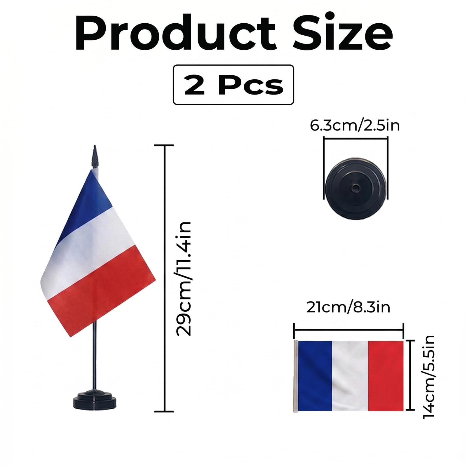 Drapeaux de Table France Lot de 2, 21 x 14 cm, Mini Drapeaux en Polyester avec Mât et Socle Plastique