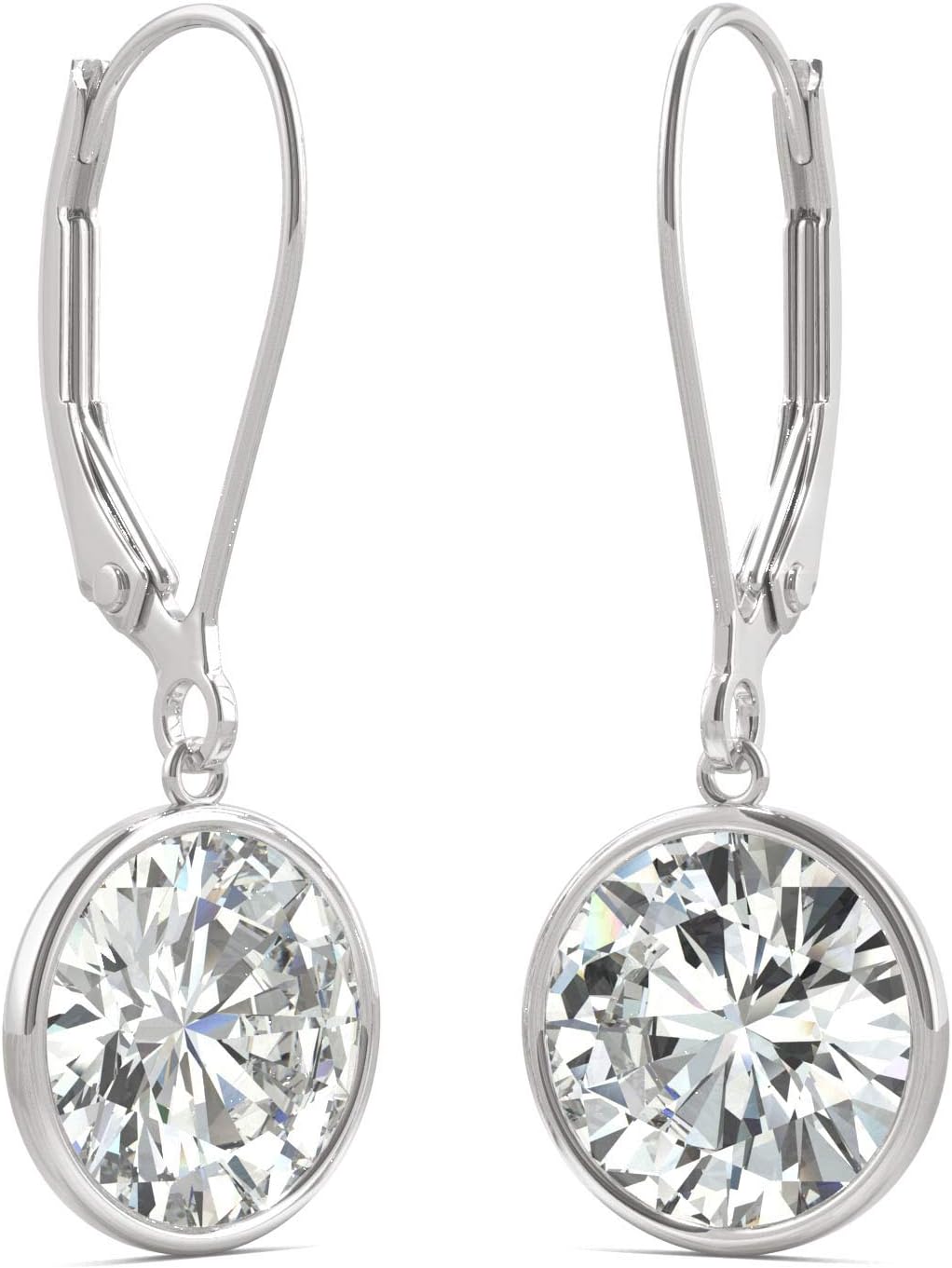 14K White Gold Moissanite by Charles & Colvard 8mm Round Bezel Drop Earrings 3.80cttw DEW