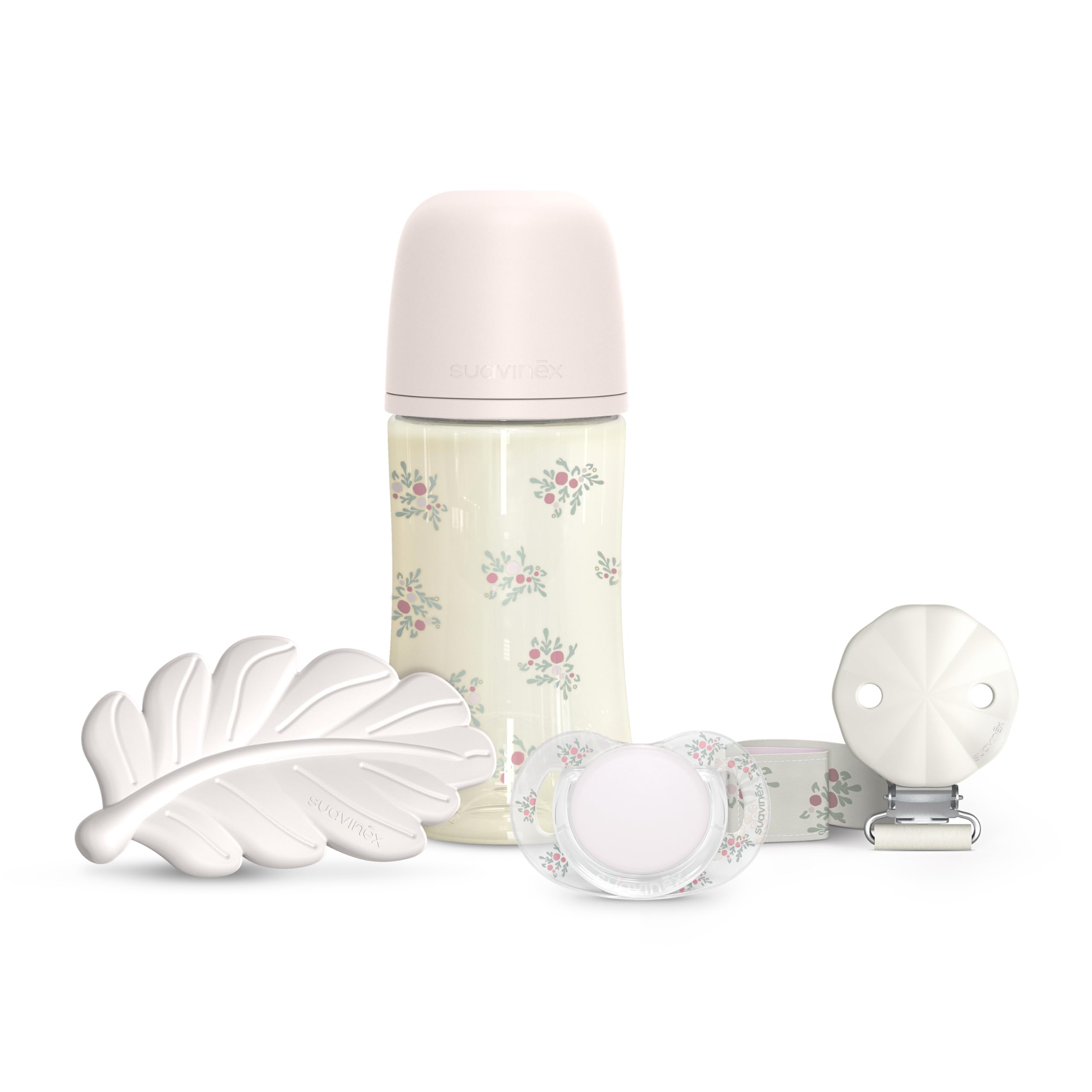 Suavinex, Set Regalo Neonati +0 Mesi. Ciuccio 0/6 mesi con tettarella SX Pro + Portaciuccio in tessuto + Biberon anticolica con tettarella SX Pro a flusso medio (M) 270 ml + Massaggiagengive, rosa
