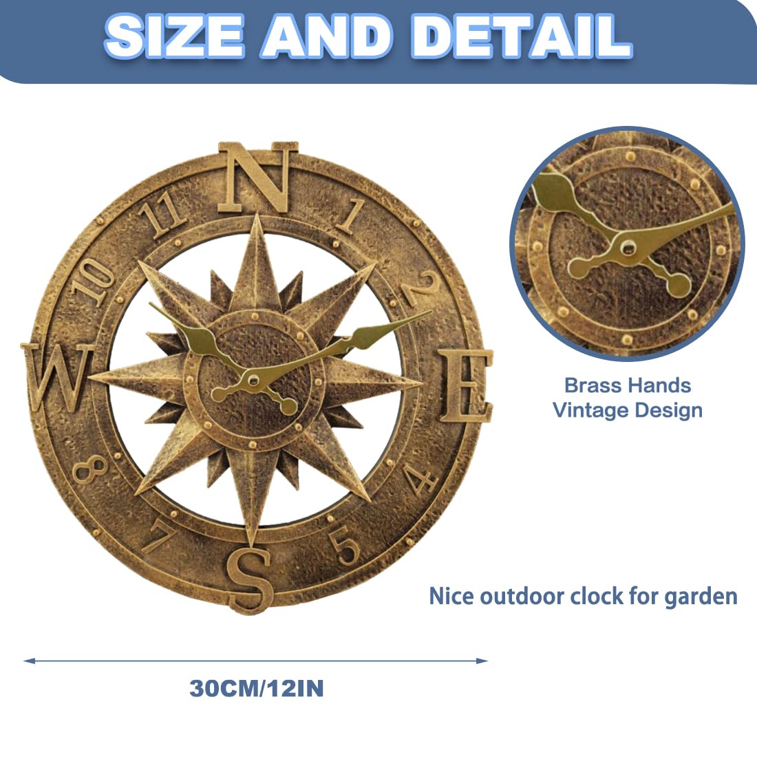 Reloj de pared para exteriores, 30 cm, para jardín, resistente al agua, para exteriores, cocina, salón, reloj de pared industrial 3D, tictac (bronce), TY1118