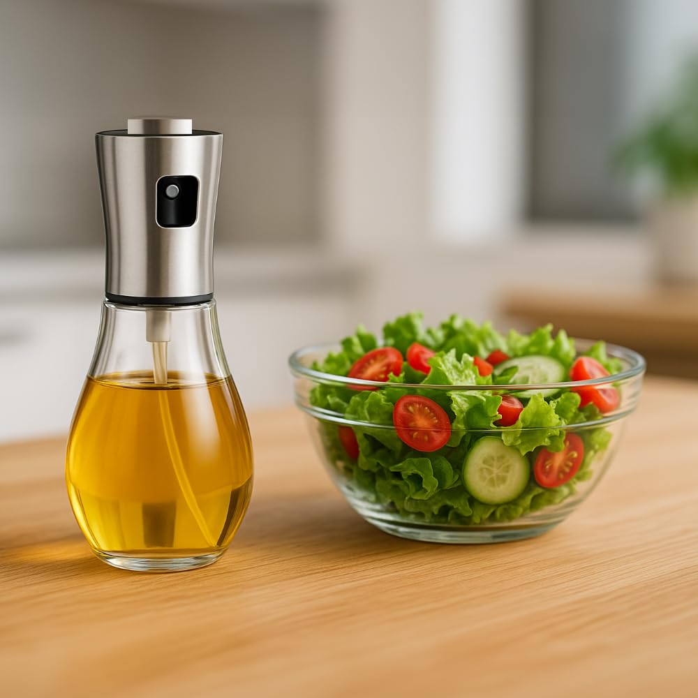 Oil Bottle Spray 170 ml in Glass and Stainless Steel – Oil and Vinegar Sprayer for Kitchen, Air Fryer, Barbecue, Salads – Refillable Drip Dispenser