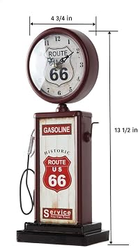 Lily's Home Old Fashioned Route 66 Gas Pump Mantle Clock, Silent-Non-Ticking with Quartz Movement, Makes an Ideal Gift for Antique Sign Collectors, Brown/Red (13 1/2 x 4 3/4)