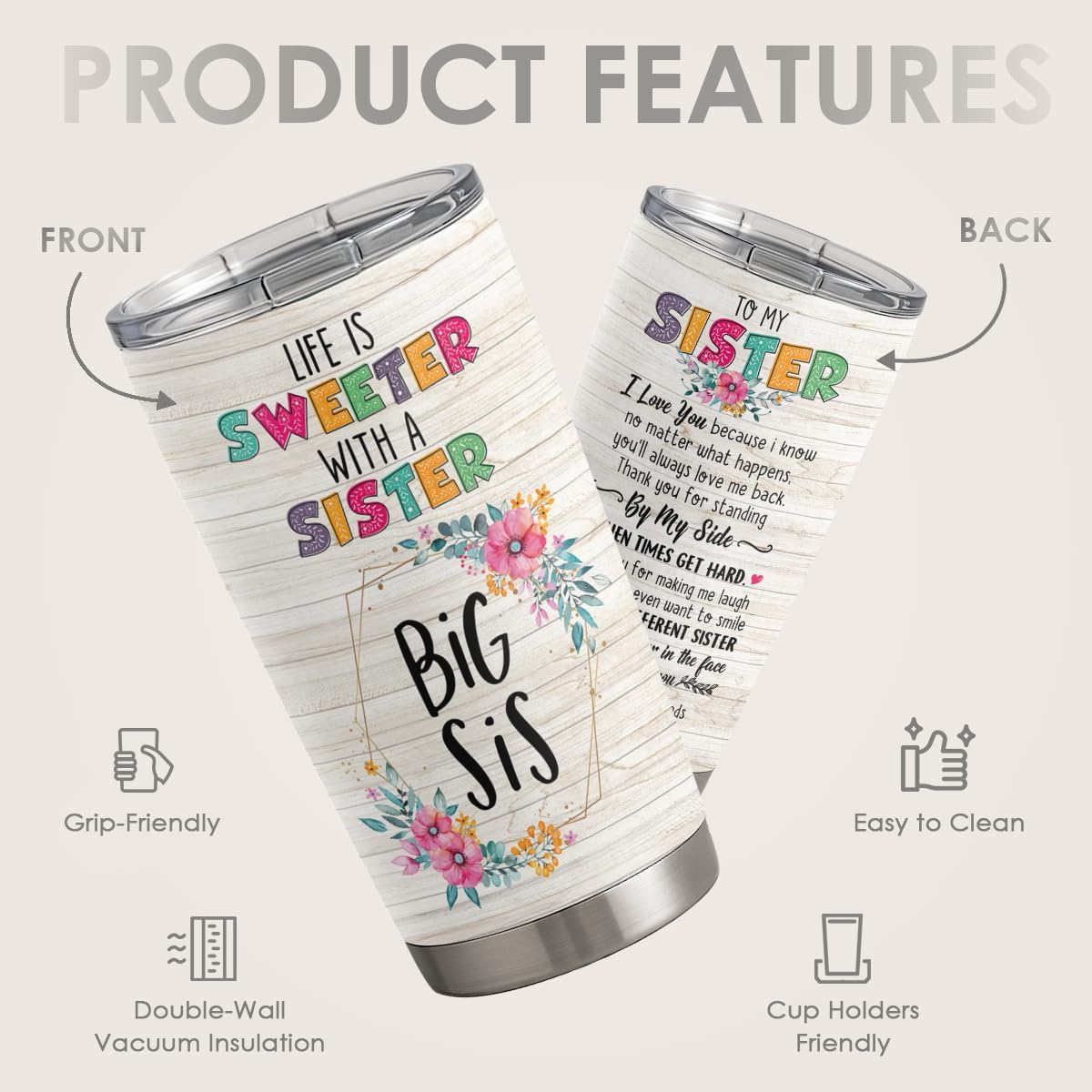 SANDJEST Sister Gifts - Sister Stainless Steel 20oz Tumbler, Insulated Travel Mug, Gifts for Birthday, Christmas, Women, Girls, Best Friends - Image 2