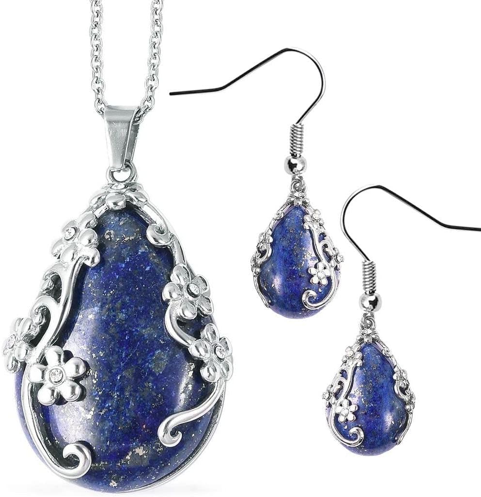 Jewelry Set for Women - Floral Gemstone Necklace & Earring Sets - Lapis Lazuli, Black Onyx & Dendritic Pendant Necklaces & Dangle Earrings - 20" Necklace Length Gifts for Women