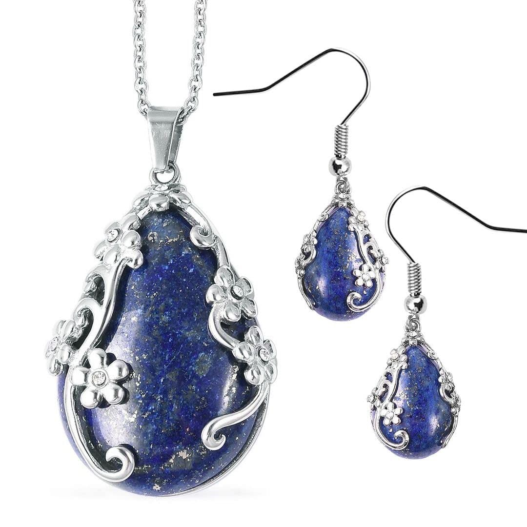 Jewelry Set for Women - Floral Gemstone Necklace & Earring Sets - Lapis Lazuli, Black Onyx & Dendritic Pendant Necklaces & Dangle Earrings - 20" Necklace Length Gifts for Women