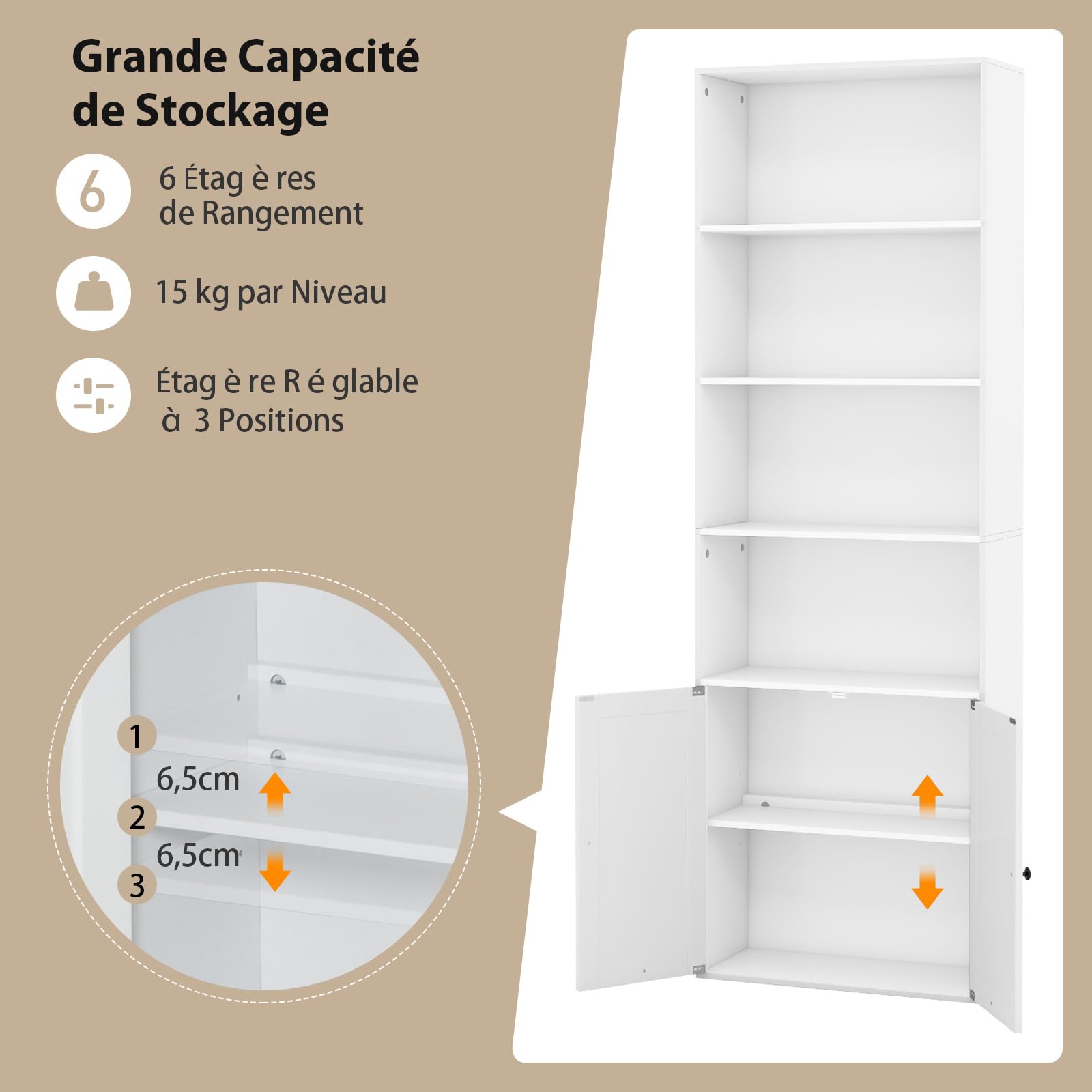 COSTWAY Bibliothèque Étagère 180 cm, Colonne de Rangement 6 Étagères, Armoire d'Affichage à 2 Portes avec Étagère Réglable, pour Salon, Bureau, Chambre, 60 x 24 x 180 cm, Blanc