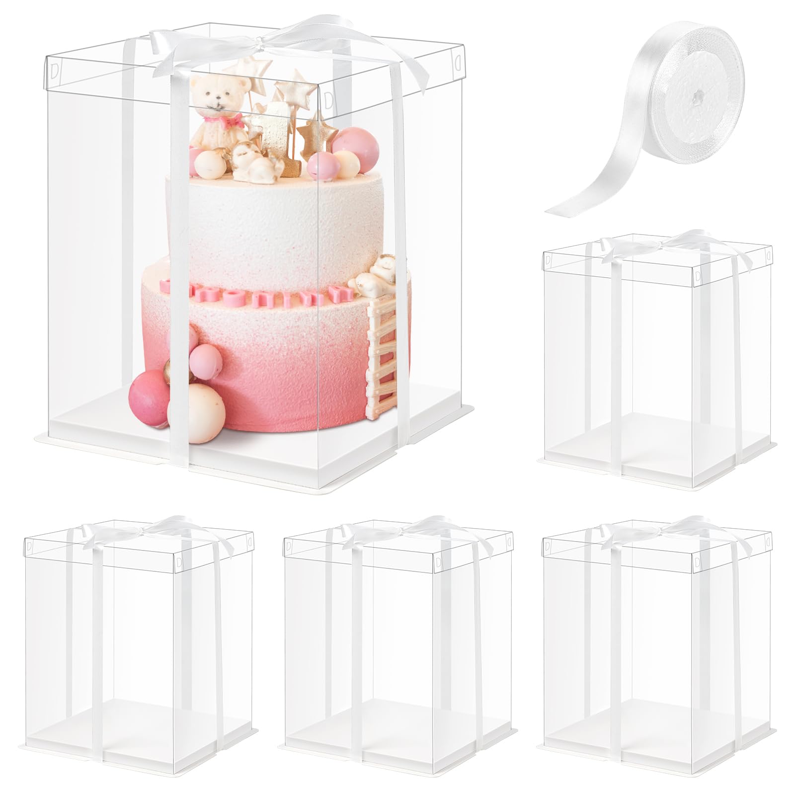 Photo 1 of Ocmoiy 10x10x12Inch Clear Cake Box, 5 Pcs Tall Cake Boxes with Ribbon, Treat Transport Boxes for Wedding, Birthday, Party