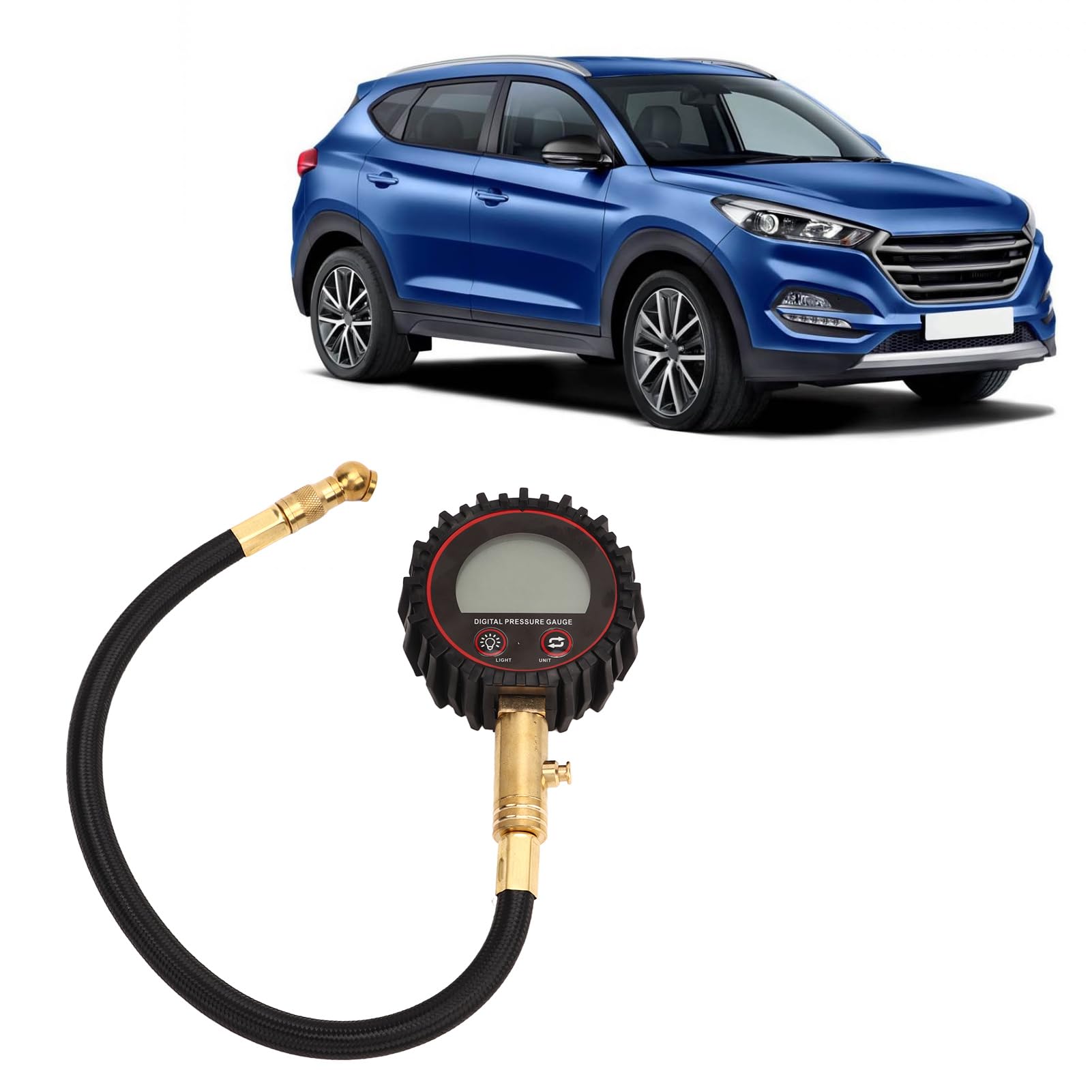 Manomètre Numérique de Pression de Pneu, Outil Pneumatique de Gonfleur de Pneu Robuste de 0 à 200 PSI Avec Tuyau Flexible et écran LCD Rétroéclairé pour Voiture, Camion, SUV, Moto