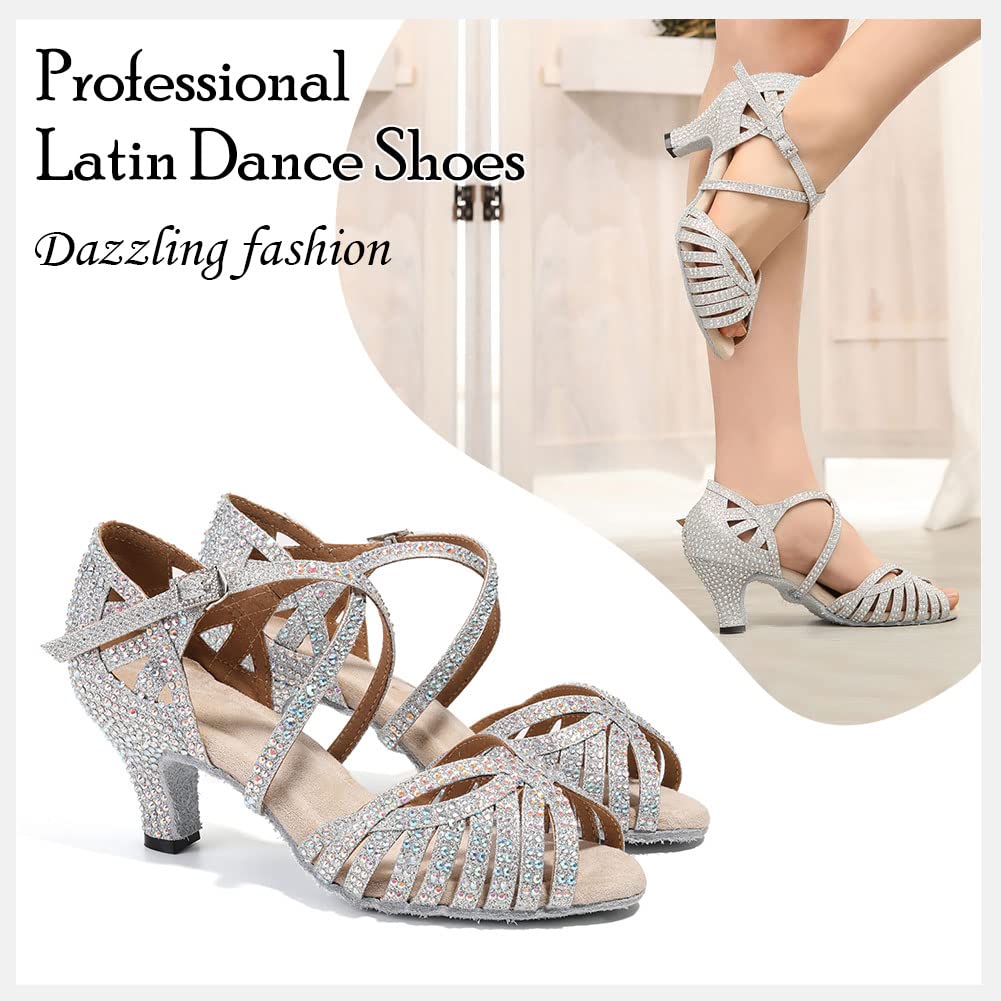 HIPPOSEUS Scarpe da Ballo Latino Argento Salsa con Strass Donna Scarpe da Ballo da Sala Bachata Danza al Coperto Tacco 6 cm L380,36 EU
