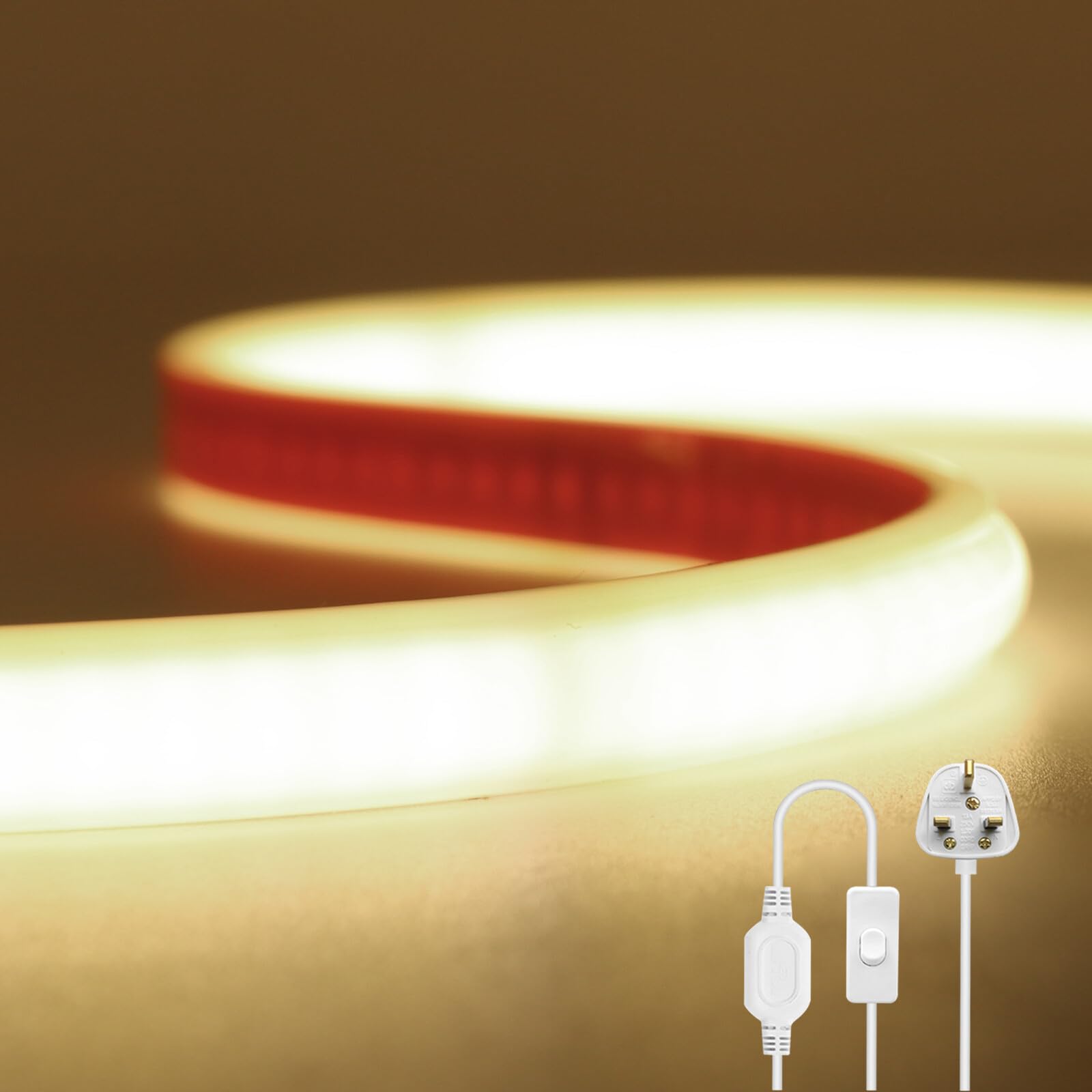 KAFULA 220V COB LED Strip with On/Off Switch [25m, Natural White 4000-4500K], IP65 Waterproof Flexible, 240 LEDs/M Cuttable FCOB LED Neon Strip CRI85+, DIY Decorative Lighting for Home and Stores