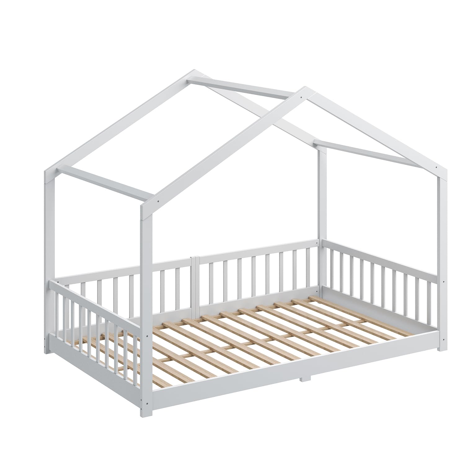 CADANI Malte Kinderbett 120x200 cm – Hausbett mit abnehmbarem Rausfallschutz, bis 200 kg belastbar, Roll-Lattenrost, Montessori Bodenbett aus Massivholz Kiefer, Weiß