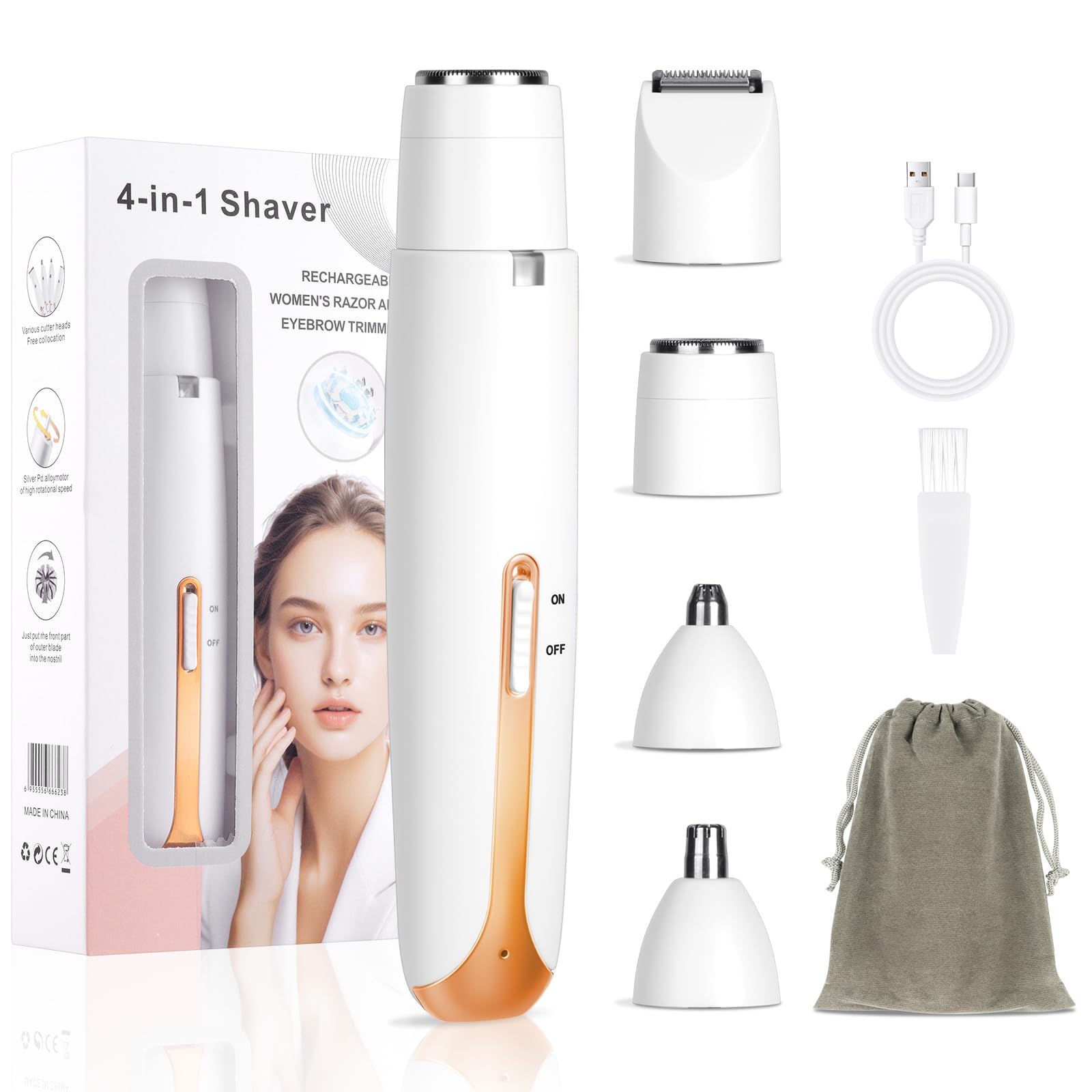 Afeitadora Mujer, 4 en 1 Rasuradora Mujer Zona Intima, Recargable Kit Afeitadora Electrica, Portátil Afeitadora Electrica Mujer para Cuerpo, Zona del Bikini, Vello Facial, Nariz y Cejas, Blanco