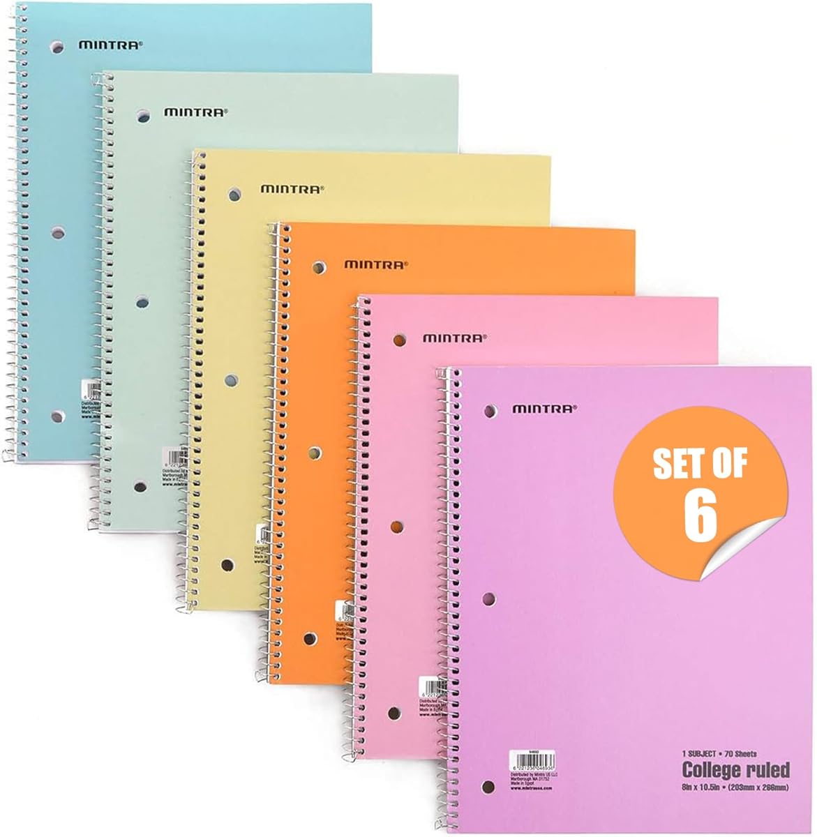 Amazon.com : Mintra Office Spiral Notebooks - 1 Subject, 70 Sheets, College Ruled, 8in x 10in, Bulk Pack, Pastel Covers, Set of 6 - for School, Office, Business, Professional (04693) : Office Products
