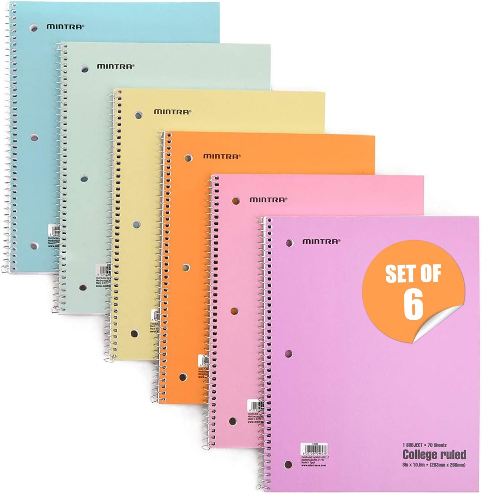 Spiral Notebooks - Pastel, College Ruled, 6 Pack, For School, Office, Business, Professional,70 Sheets