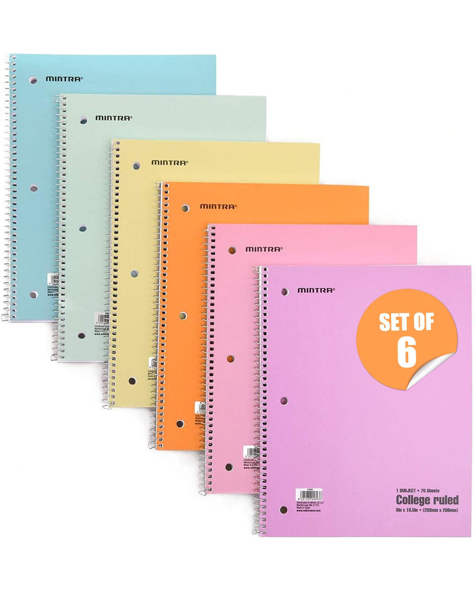 Spiral Notebooks - Pastel, College Ruled, 6 Pack, For School, Office, Business, Professional,70 Sheets
