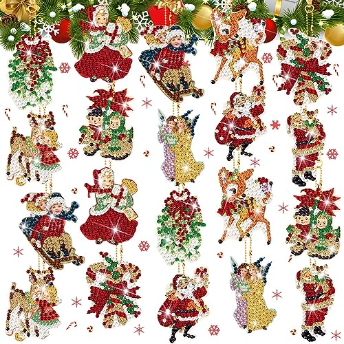Outus 24 Pcs Vintage Diamond Painting Keychains Double Sided DIY Diamond Art Vintage Santa Claus Reindeer Snowman Keychain Ornament for Christmas Rustic Country Decor