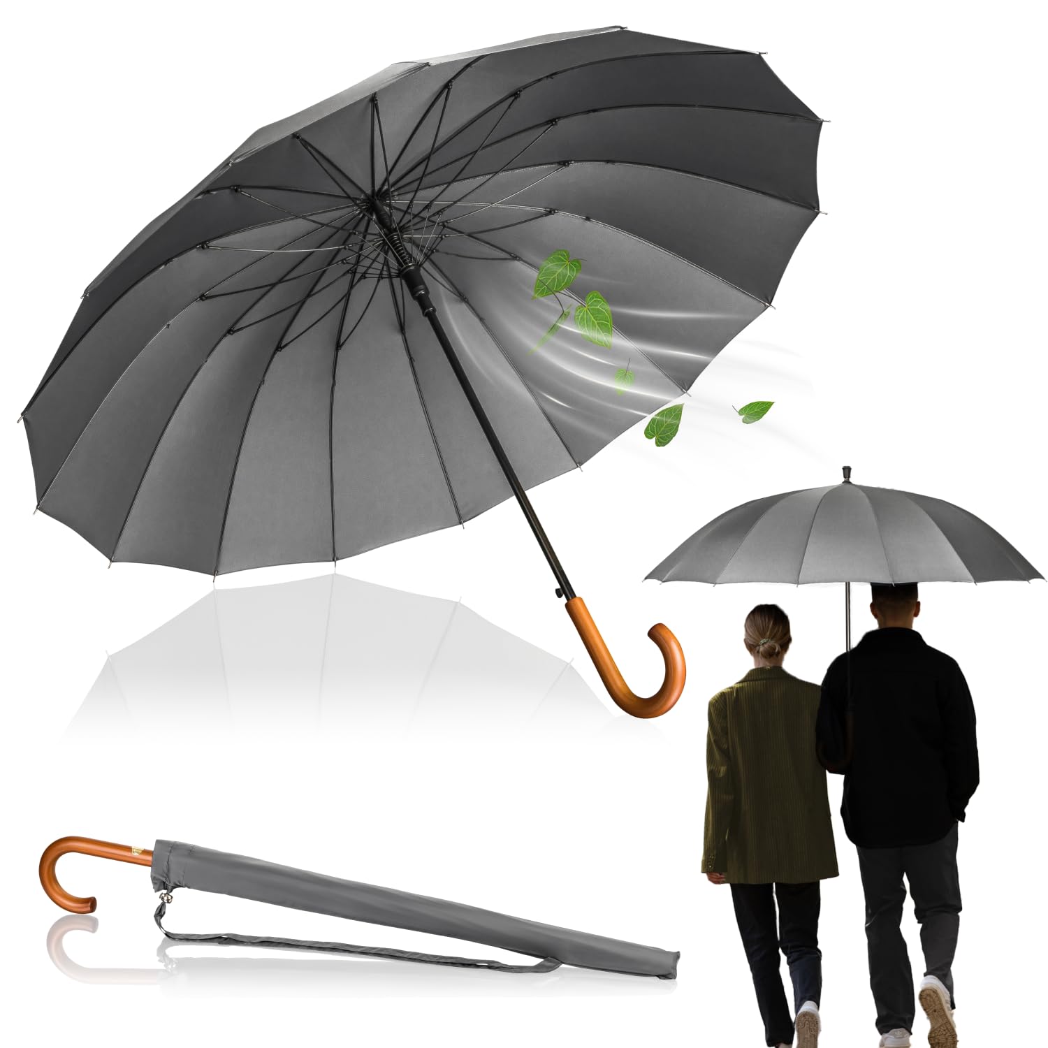 LOGAN & BARNES Stockschirm Sturmfest Ø120cm mit hochwertigem Echtholzgriff und geräuschloser Gummispitze - XXL Regenschirm Groß mit 16 Streben - Modell EDINBURGH