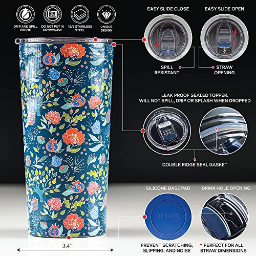 Greenline Goods Floral Insulated Coffee Tumbler - 20 Oz Metal Drink Cup With Slide Top Lid - Non Slip Silicone Base - Boho Stainless Steel Water Bottle Coffee Travel Mug #TOP2