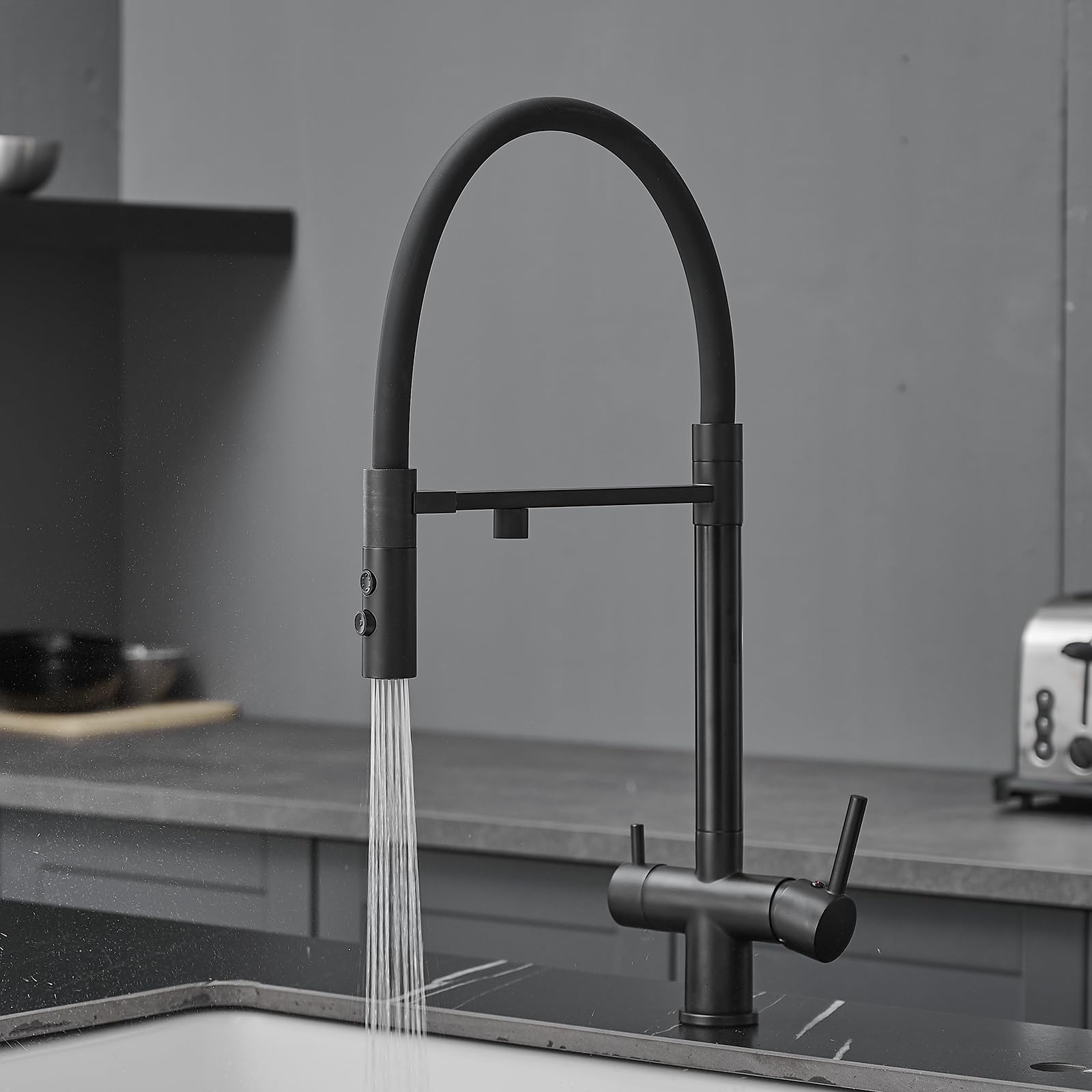 XJTNLB Grifo Cocina Osmosis 3 Vias Flexible Grifo Cocina 3 Vias Osmosis Extraible Oro Cepillado con Dos Asas