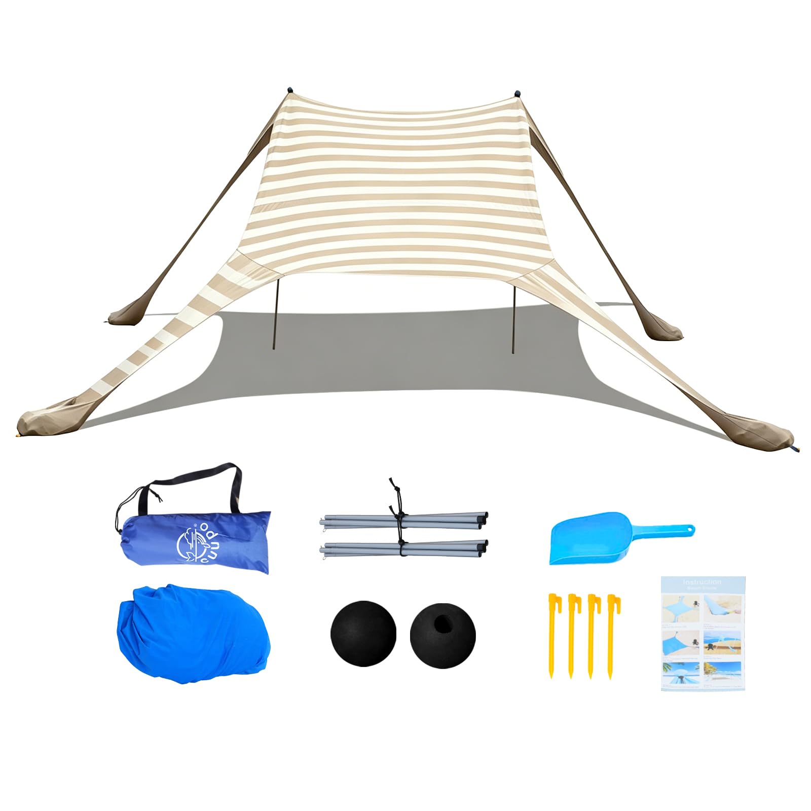 Strandzelt 2x2.1 m Pop-Up LSF 50 Sonnenschutz, Anti-Wind Strandmuschel mit Eisen Stabilitätsstangen Sandsäcke Tragbarer Sonnenschutz Strand Hinterhof Camping Reise Koffertauglich Khaki Streifen