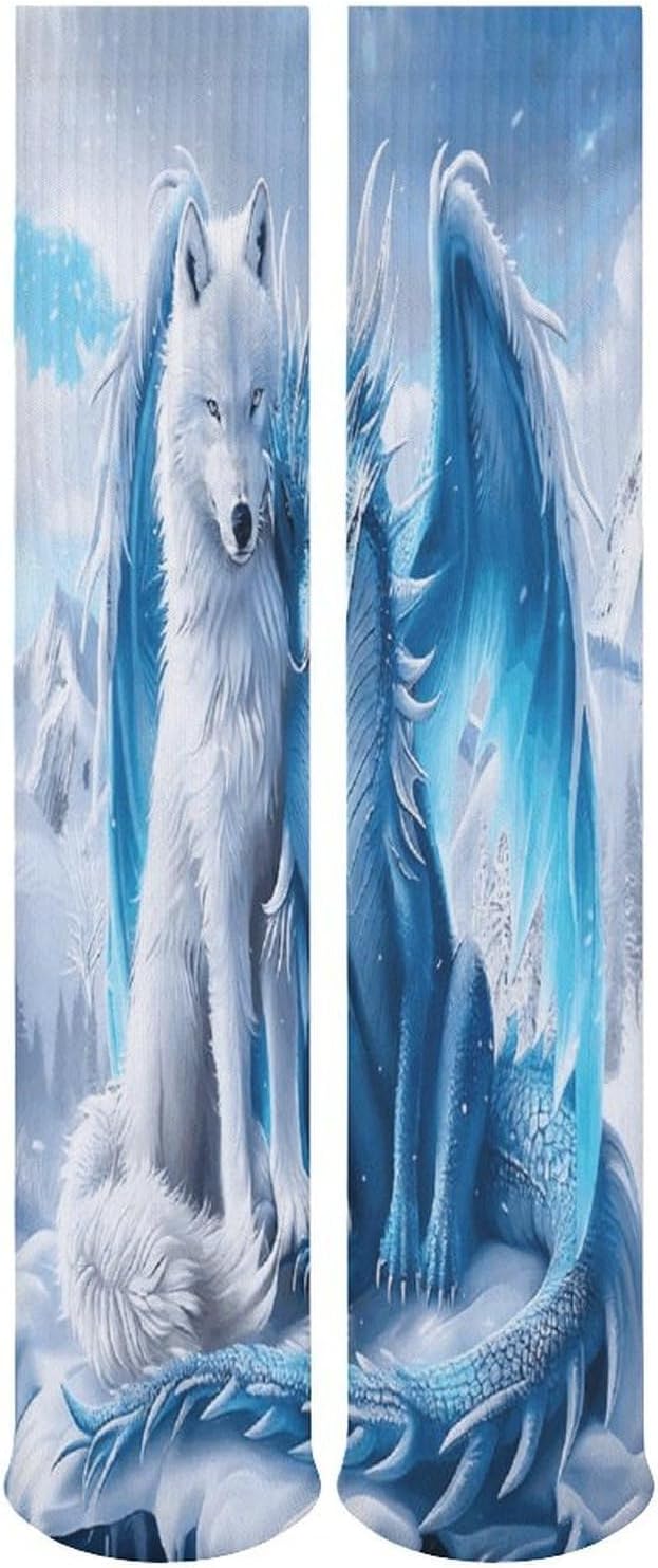 Fantasy Wolf Snow Dragon Crew Socks Casual Breathable Calf Socks | Cushion Running Athletic Socks Long Performance Breathable Sports Socks for Women Men