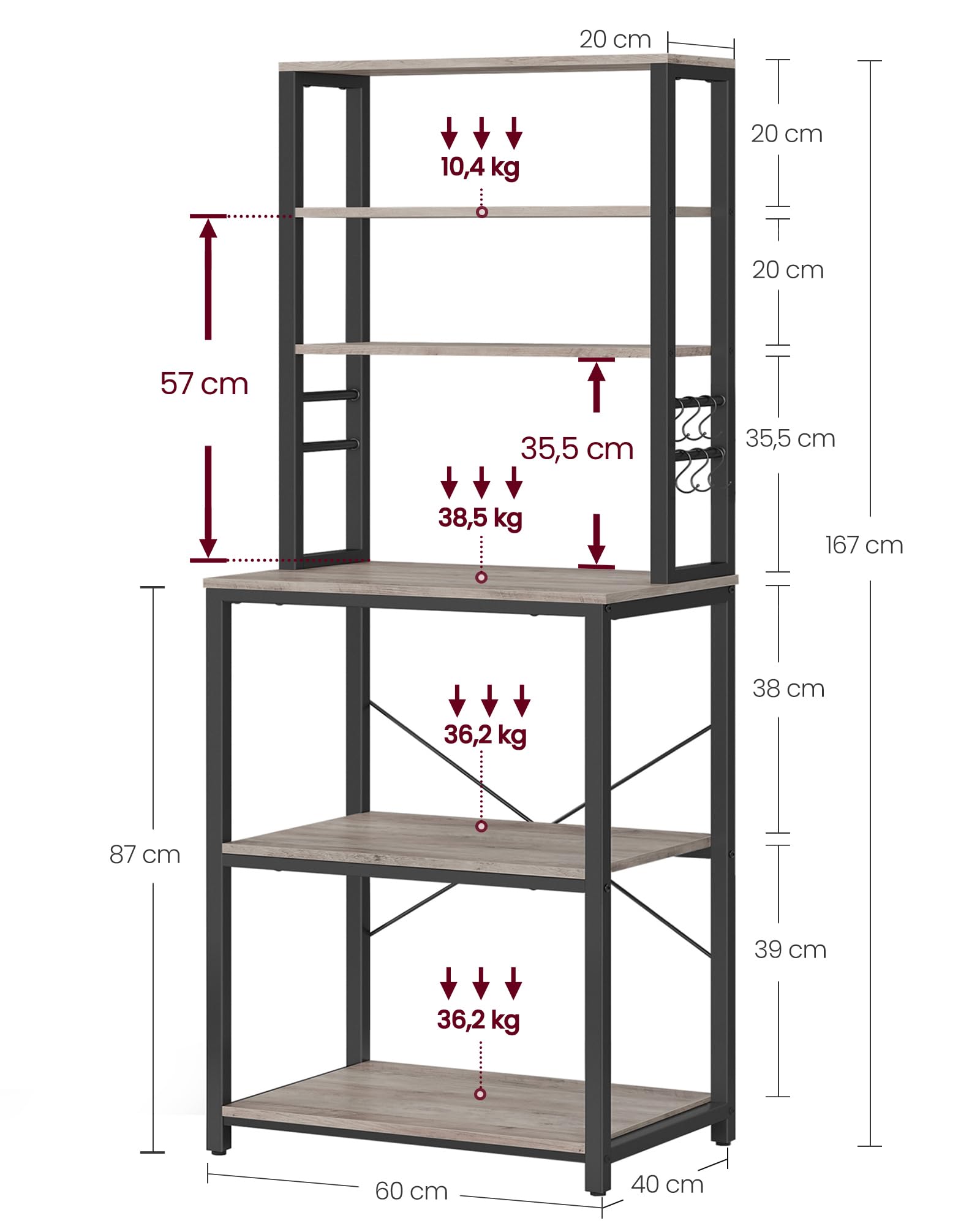 VASAGLE Étagère de Cuisine, Étagère pour Machine à Café, 6 Étagères et 6 Crochets, pour Four à Micro-Ondes, Cadre en Acier, Style Industriel, 40 x 60 x 167 cm, Gris et Noir KKS024B02