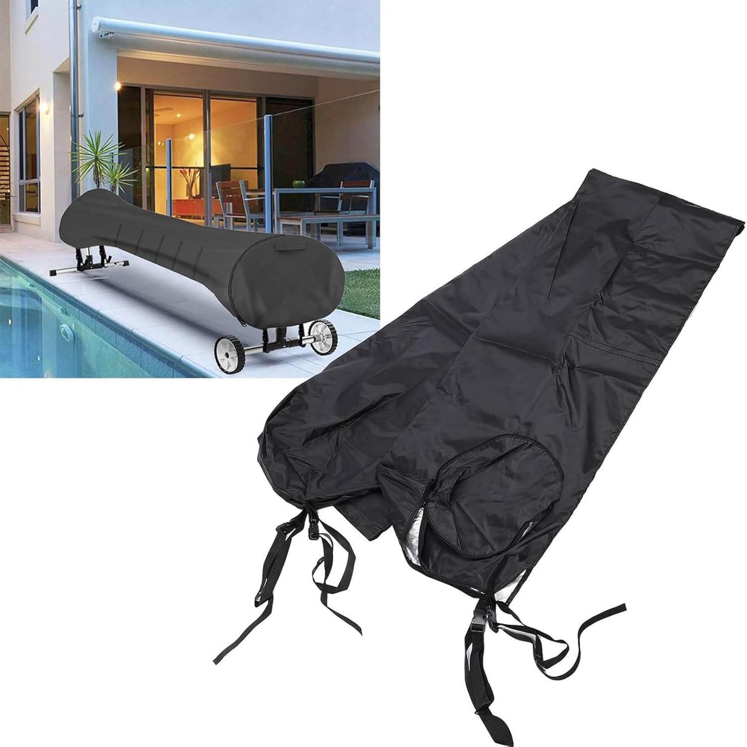 Pool Aufroller Abdeckung, Schwimmbad Solardecke 420D Oxford wasserdichter Sonnen Staubdicht UV beständig Schutzhülle Reel Kordelzug, Aufrollsystem oberirdische inground (Schwarz, 18FT)
