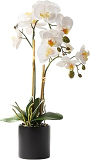 Pmyra 17" Fake White Orchid Flowers in Ceramic Pot,Real Touch Orchids Artificial Flowers Potted Plant,Faux Phalaenopsis Flowers Potting for Home Wedding Table Centerpiece Bathroom Office Decor