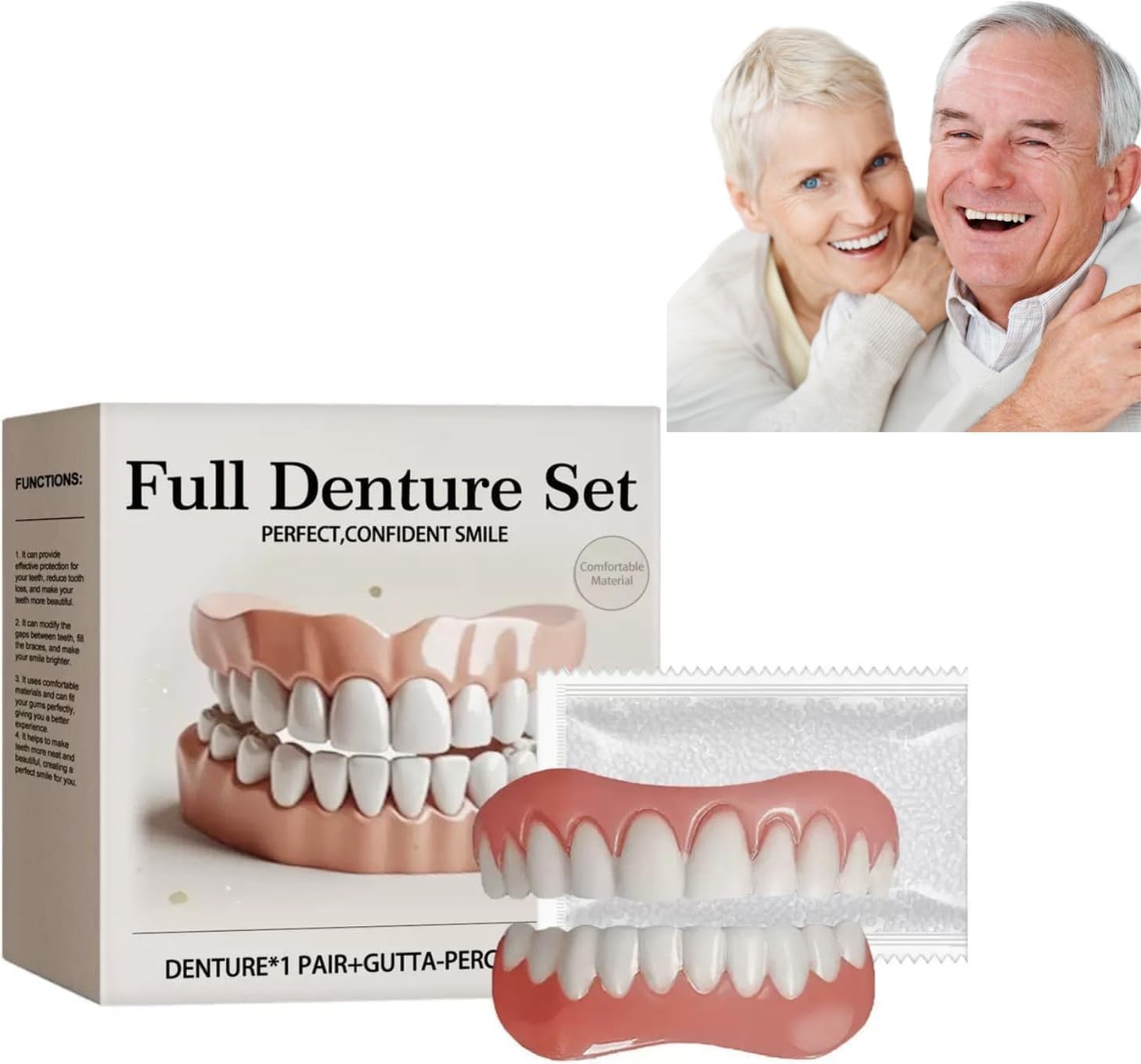 シリコン入れ歯セット シリコン製 着脱簡単 美白対応 再利用可能な上下入れ歯セット 飲食OK 男女兼用 ポータブル義歯 ケース付き 自信を持って微笑む 自然で快適 洗浄が簡単