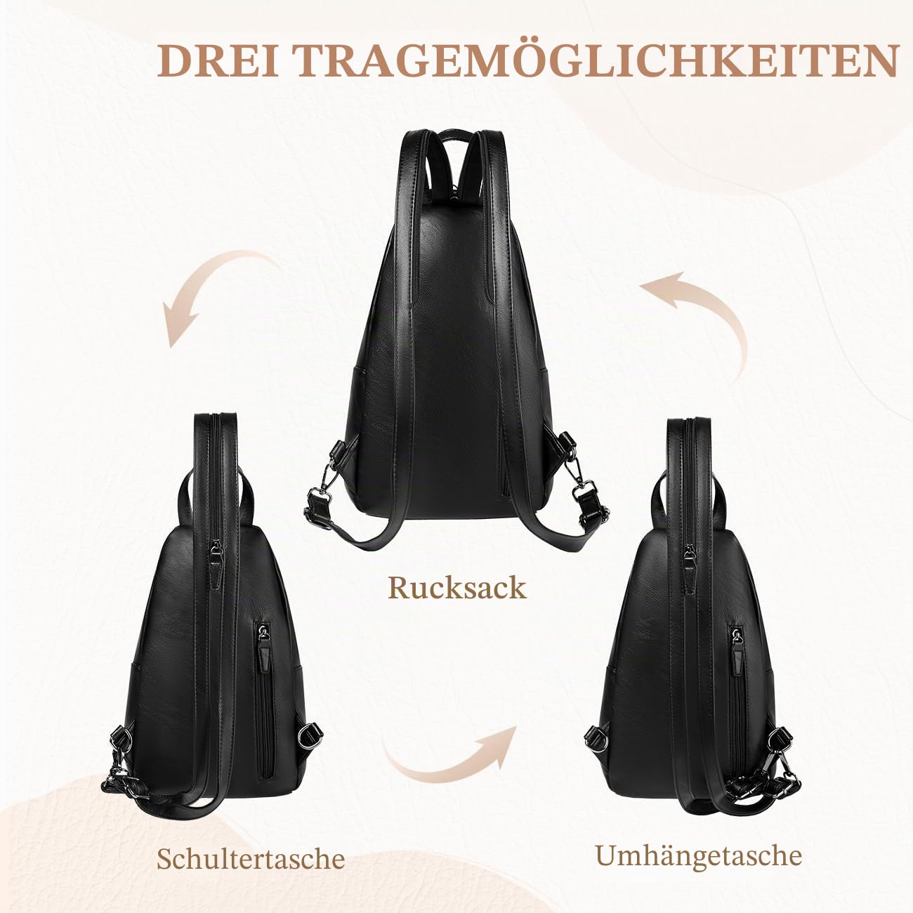 RAVUO Sling Bag Damen, PU Leder Brusttasche Rucksack Klein Frauen Brust Rucksack Kleine Umhängetasche Crossbody Bag für Outdoorsport, Reisen,Schwarz