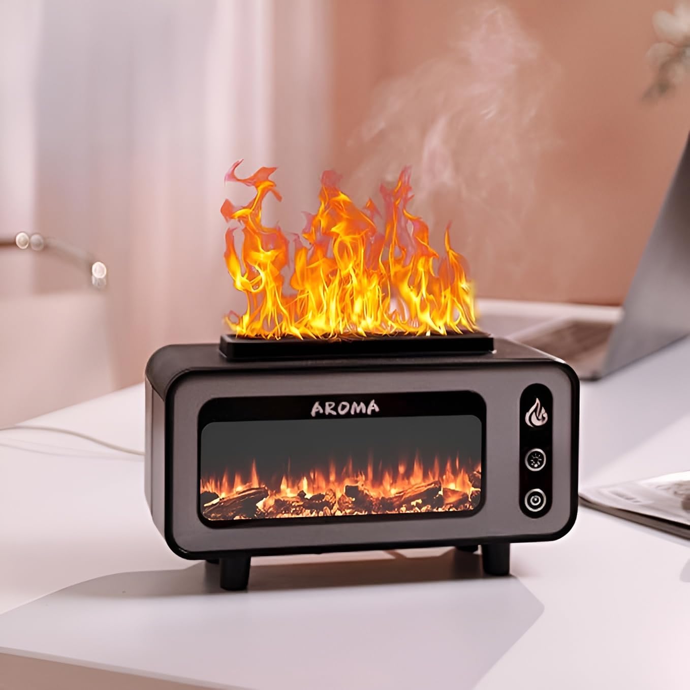 Generic Vintage Fireplace Aroma Diffuser, Woodgrain Essential Oil Diffuser with Realistic LED Flame Effect, Ultrasonic Humidifier for Home