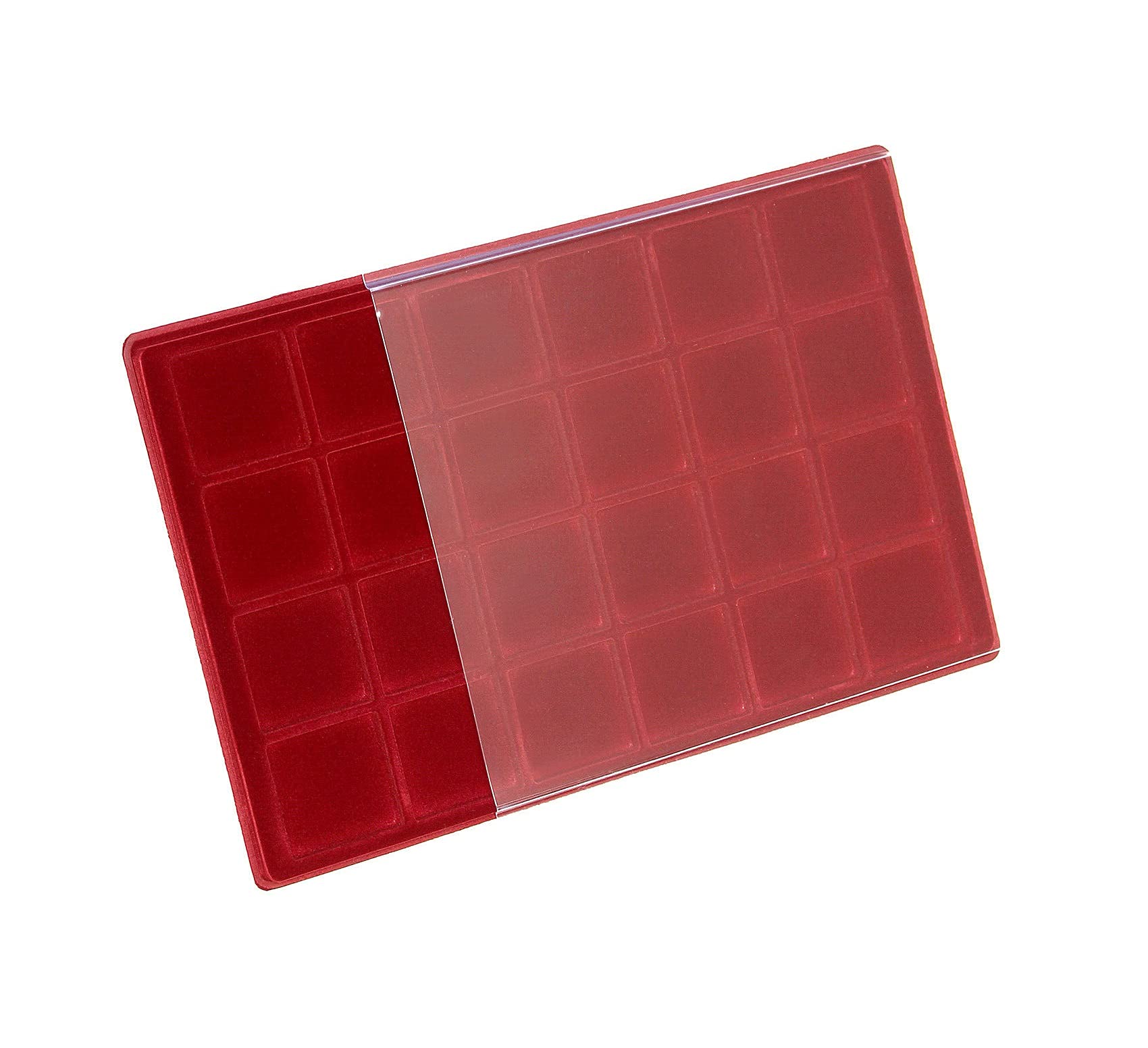 Agritrade Ak Red Proschulz Display World Coin Collection Tray 24 Compartments Colellction Numismatic Coins Medals Military Olympic £1 £2 50P Durable Strong Safe To Coins Clear Cover (1)