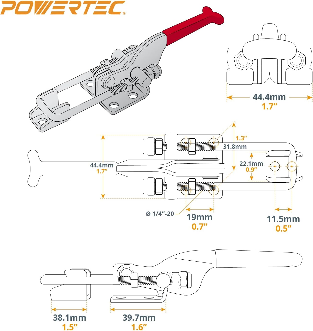 POWERTEC Toggle Clamp Set, 1PK 700 lbs & 2PK 2000 lbs Holding Capacity, 431 & 40341 Self-Lock U-Bolt Adjustable Latch & U Bolt Latch for Woodworking Jigs & Fixtures, Smoker, Tool Box, Cabinet