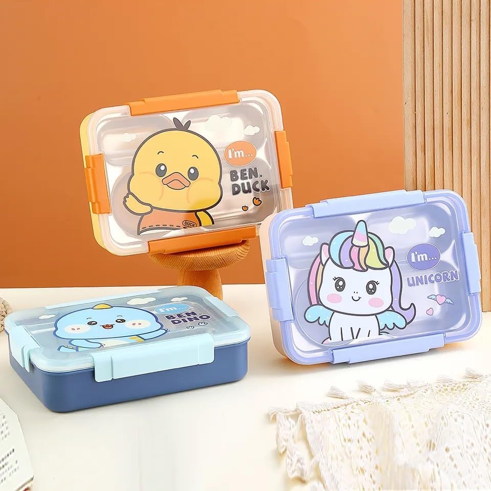 Image of Cartoon Dinosaur Stainless Steel Lunch Box, 4 Compartments with Small Bowl, Spoon and Chopsticks, Insulated Design for School, Office and Travel, Blue